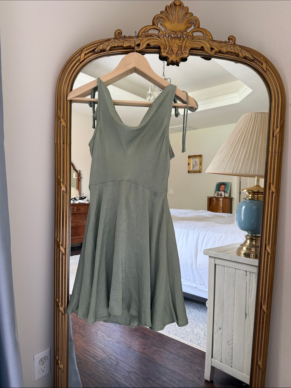 Lulu’s Sage Green Sleeveless A-Line, cowell neck dress